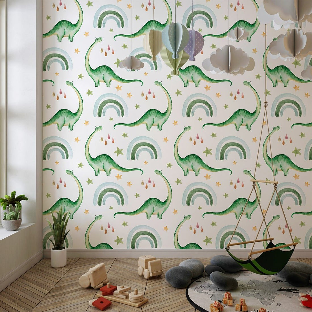 Dinosaur Rainbow Raindrop White/Green Wallpaper for Nursery Kids Bedroom