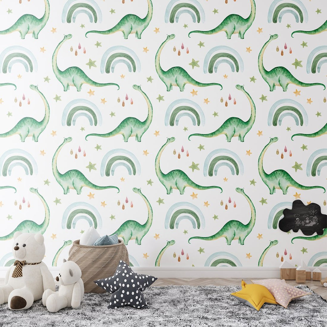 Dinosaur Rainbow Raindrop White/Green Wallpaper for Nursery Kids Bedroom