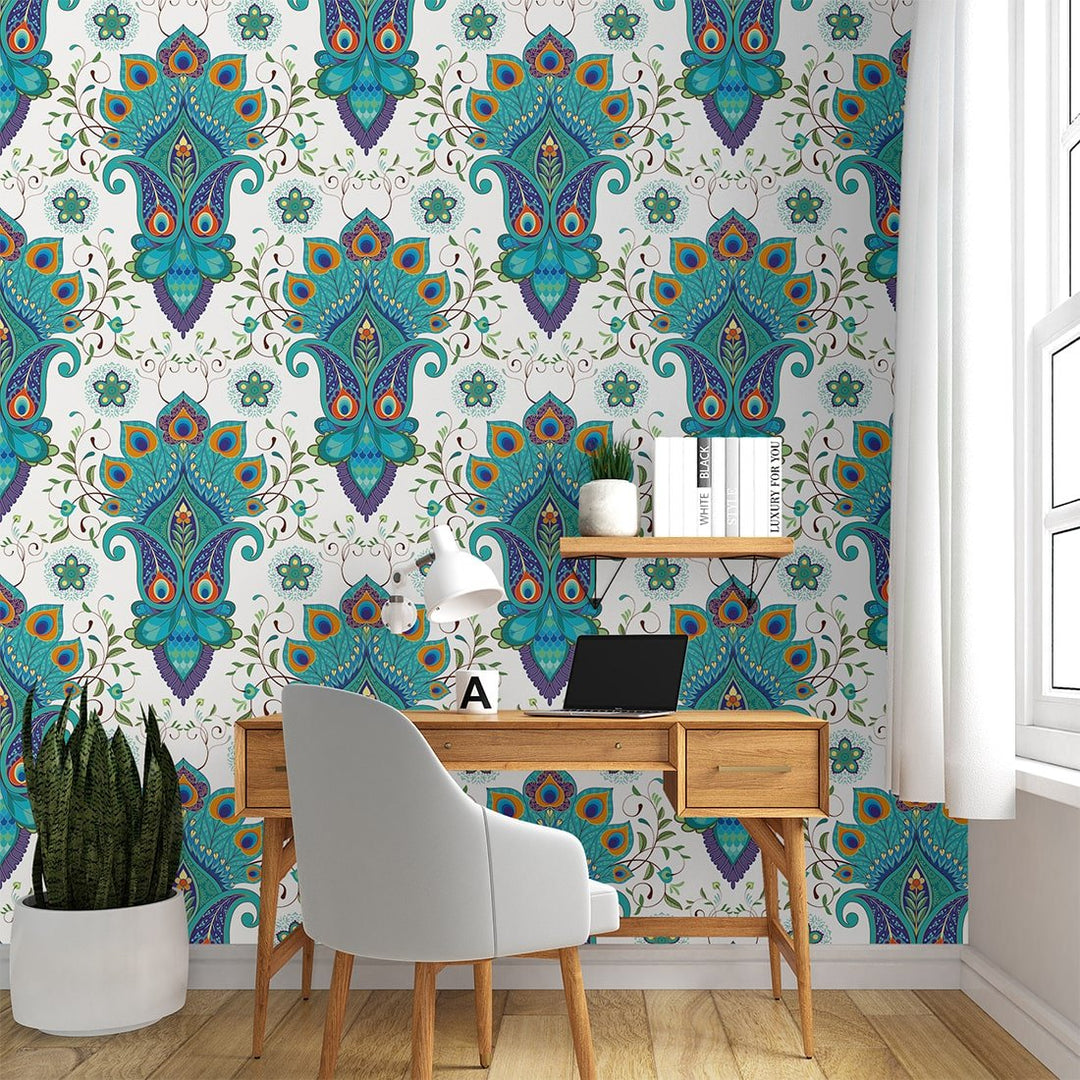 Eastern flowers with peacock feathers Self Adhesive Turkish Wallpaper