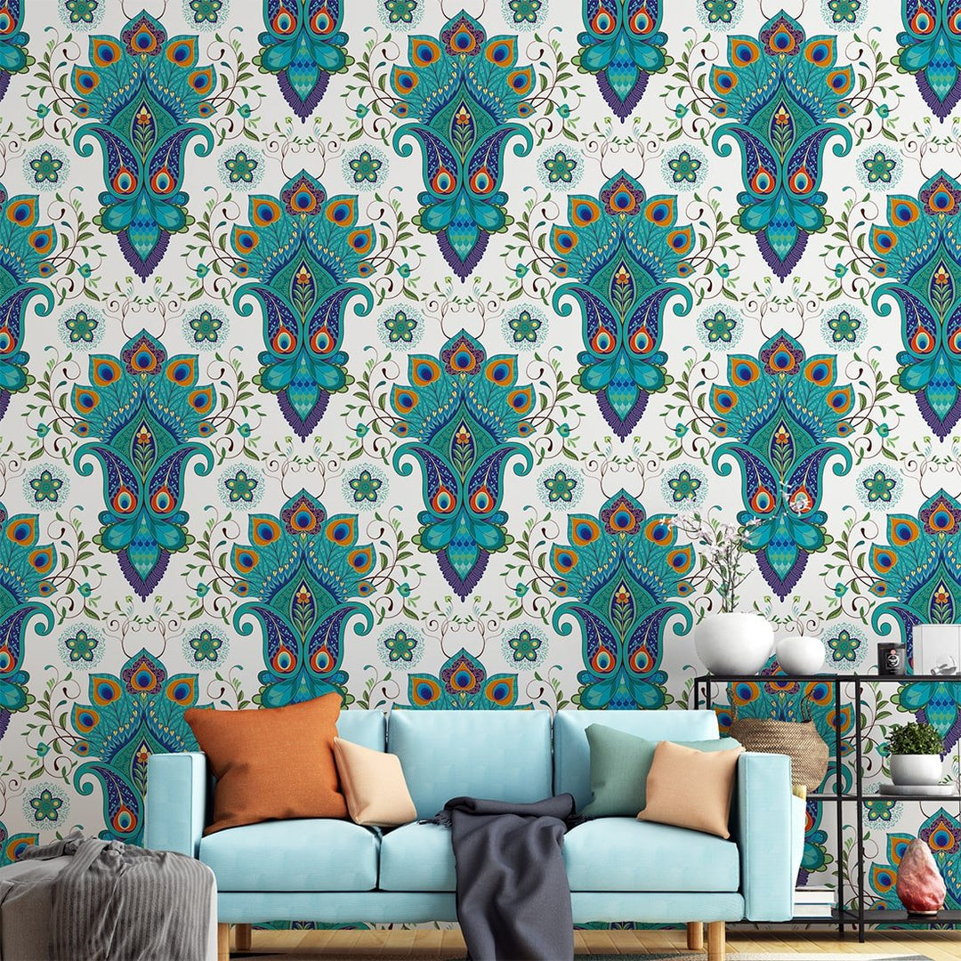 Eastern flowers with peacock feathers Self Adhesive Turkish Wallpaper