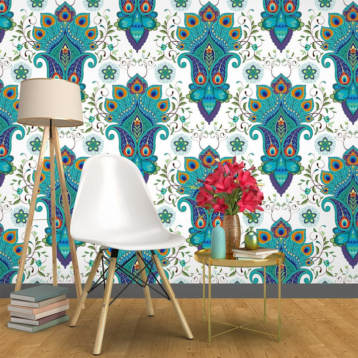 Eastern flowers with peacock feathers Self Adhesive Turkish Wallpaper