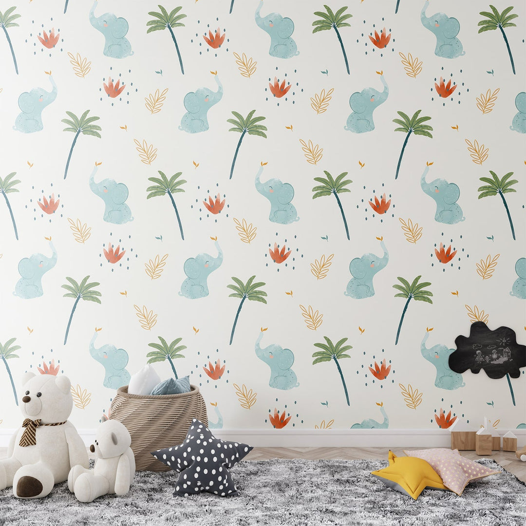 Elephant With Palm Tree Boho Wallpaper for Kids Rooms Decoration