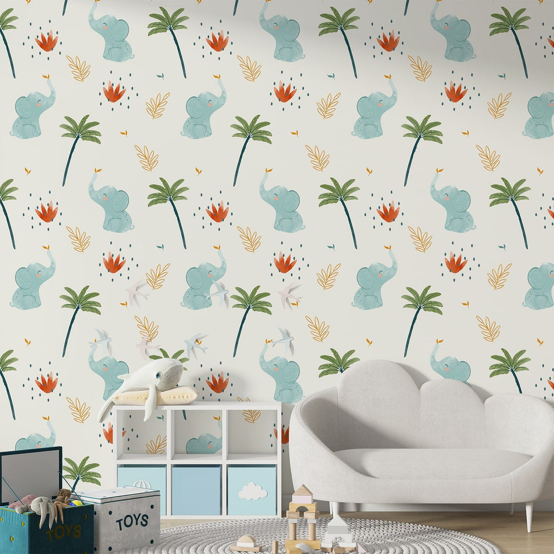 Elephant With Palm Tree Boho Wallpaper for Kids Rooms Decoration