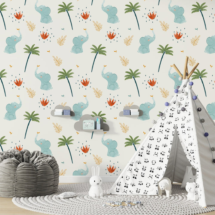 Elephant With Palm Tree Boho Wallpaper for Kids Rooms Decoration