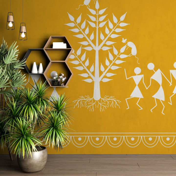 Ethnic India Themed Yellow Pichwai Art Premium Wallpaper Murals For Home, Hotel and Café Decoration