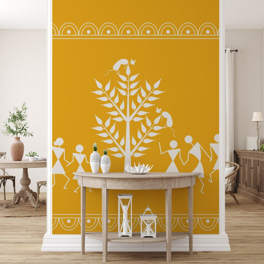 Ethnic India Themed Yellow Pichwai Art Premium Wallpaper Murals For Home, Hotel and Café Decoration