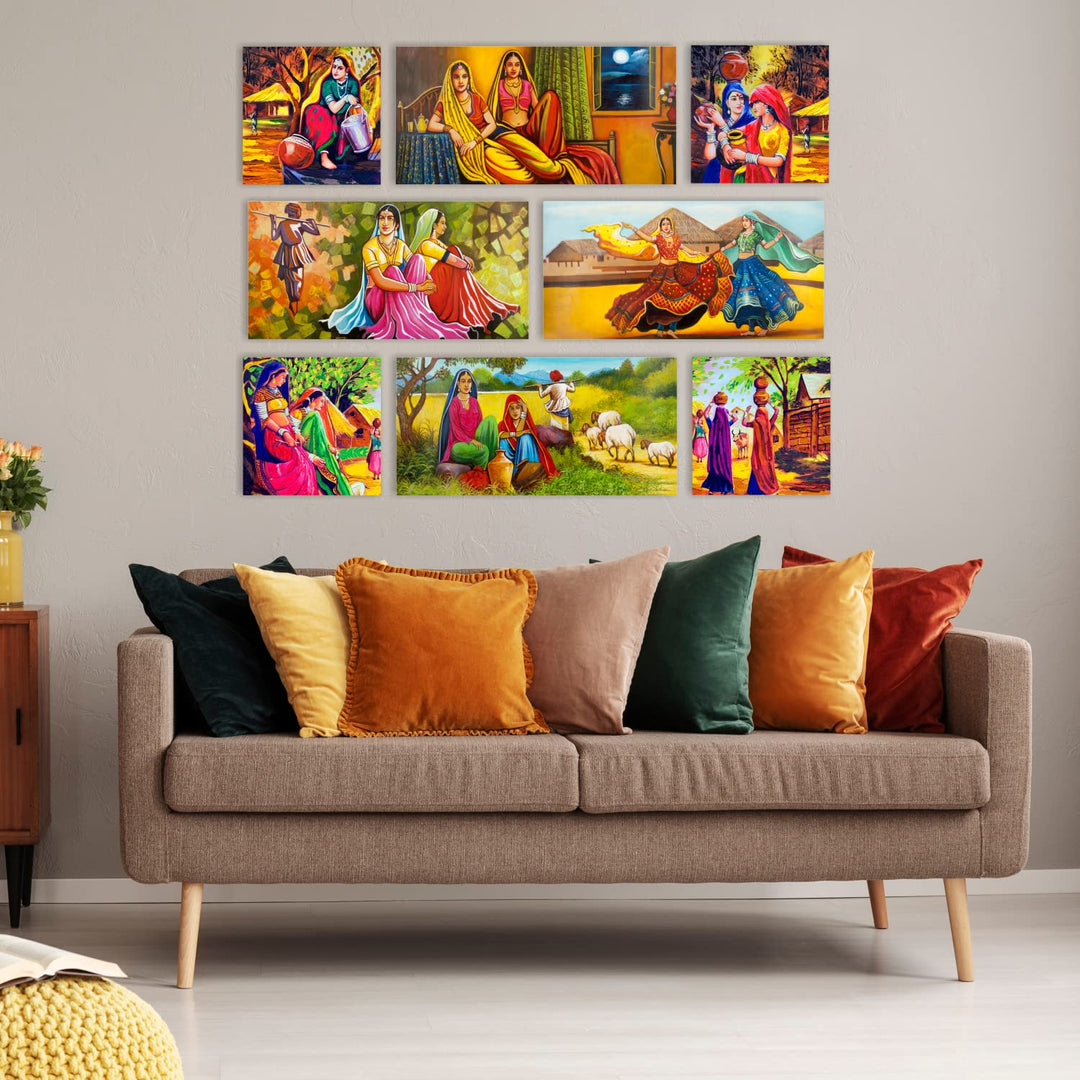 Ethnic Indian Village Canvas Painting Frame for Living Room Wall Decoration