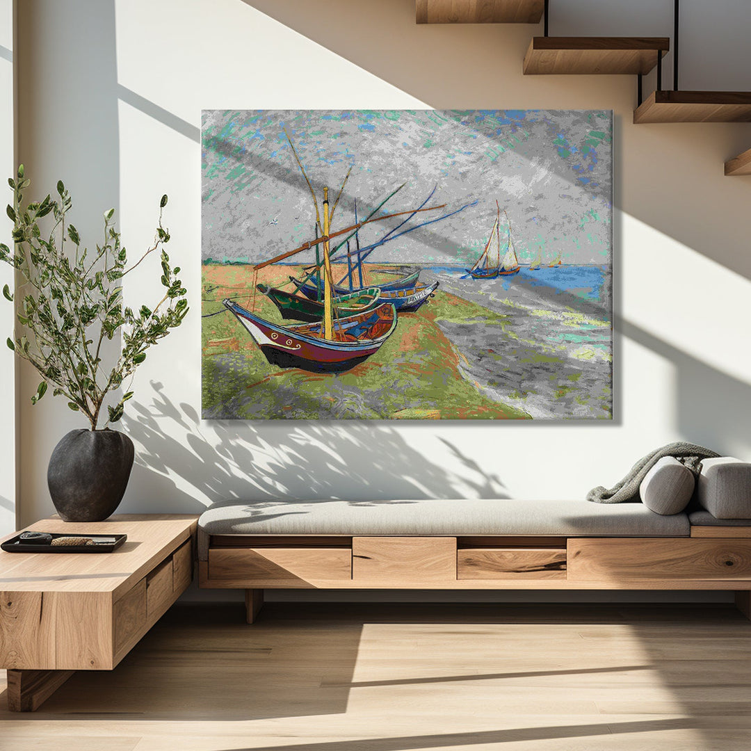 Fishing Boats on the Beach Wall Art Large Size - Modern Canvas Prints of Vincent Van Gogh Paintings For Office Living Room Bedroom Home Décor. (VAWA07).