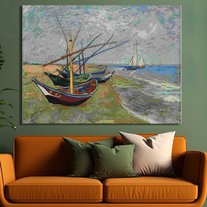 Fishing Boats on the Beach Wall Art Large Size - Modern Canvas Prints of Vincent Van Gogh Paintings For Office Living Room Bedroom Home Décor. (VAWA07).