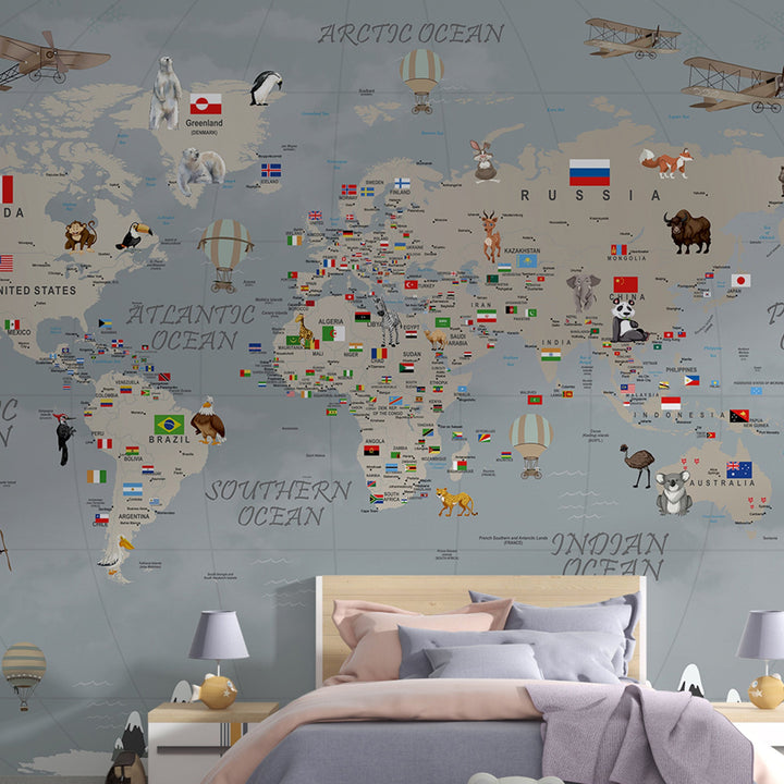 Flags of the World Children Map Wallpaper Murals for Kids Room Wall decoration