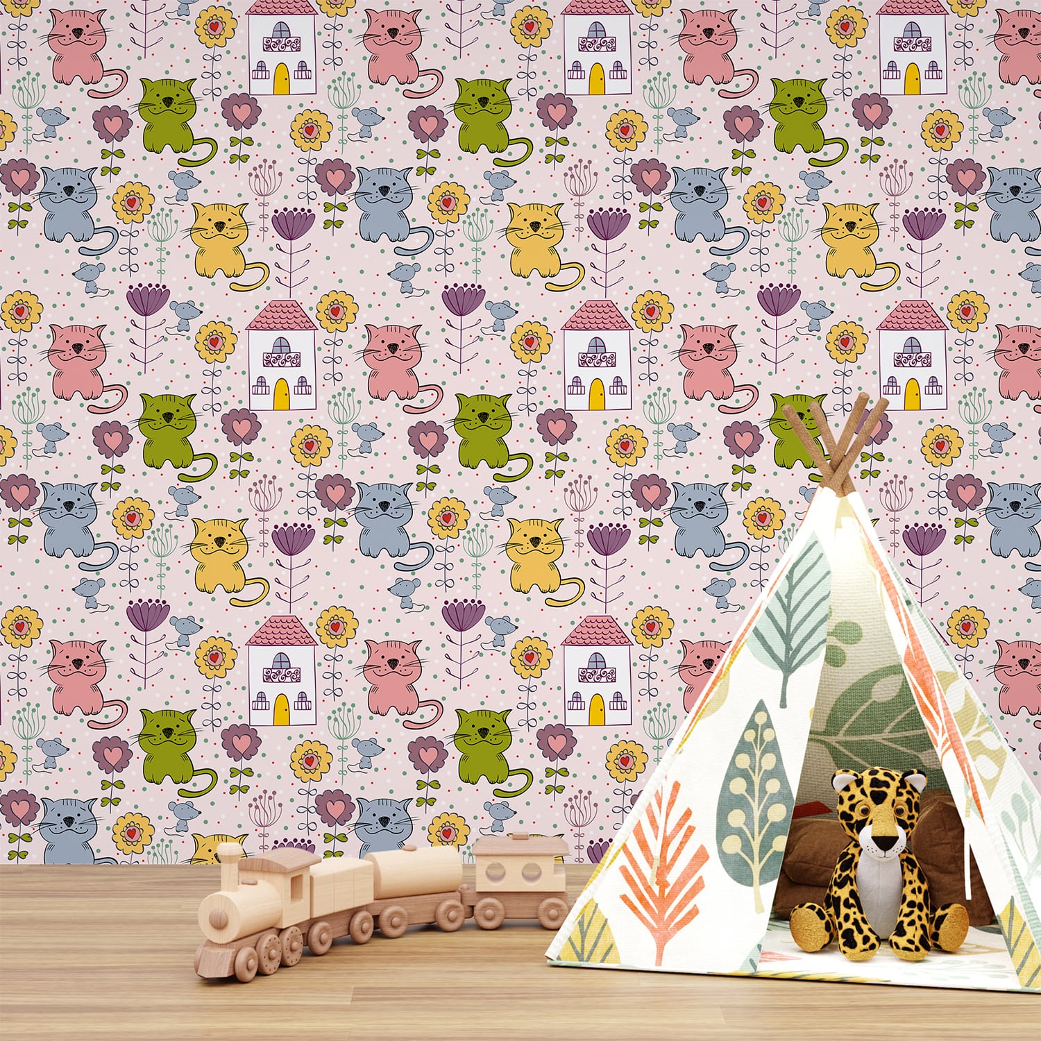 Flowers and Multicolor cats wallpaper for Nursery Room Wall Decoration