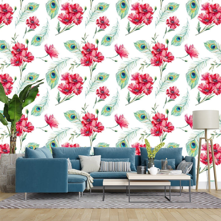 Flowers With Peacock feather wallpaper For Living Rooms decoration