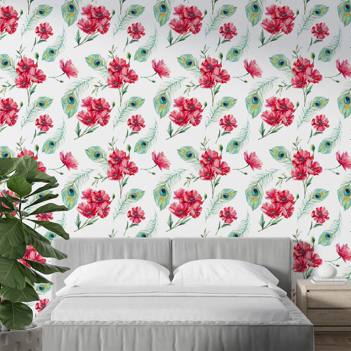 Flowers With Peacock feather wallpaper For Living Rooms decoration