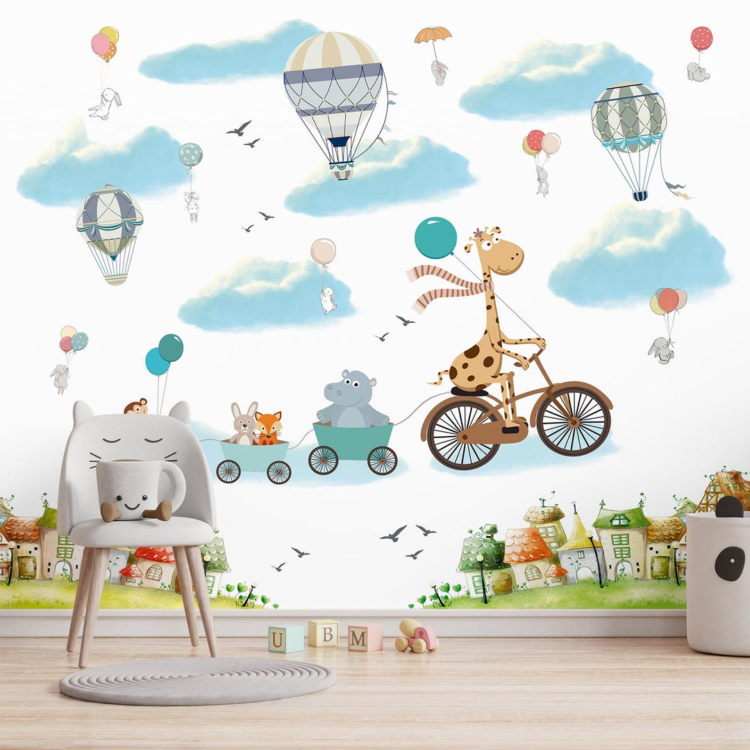 Flying Giraffe Cycle Train Wallpaper Mural for Kids Room wall decoration.