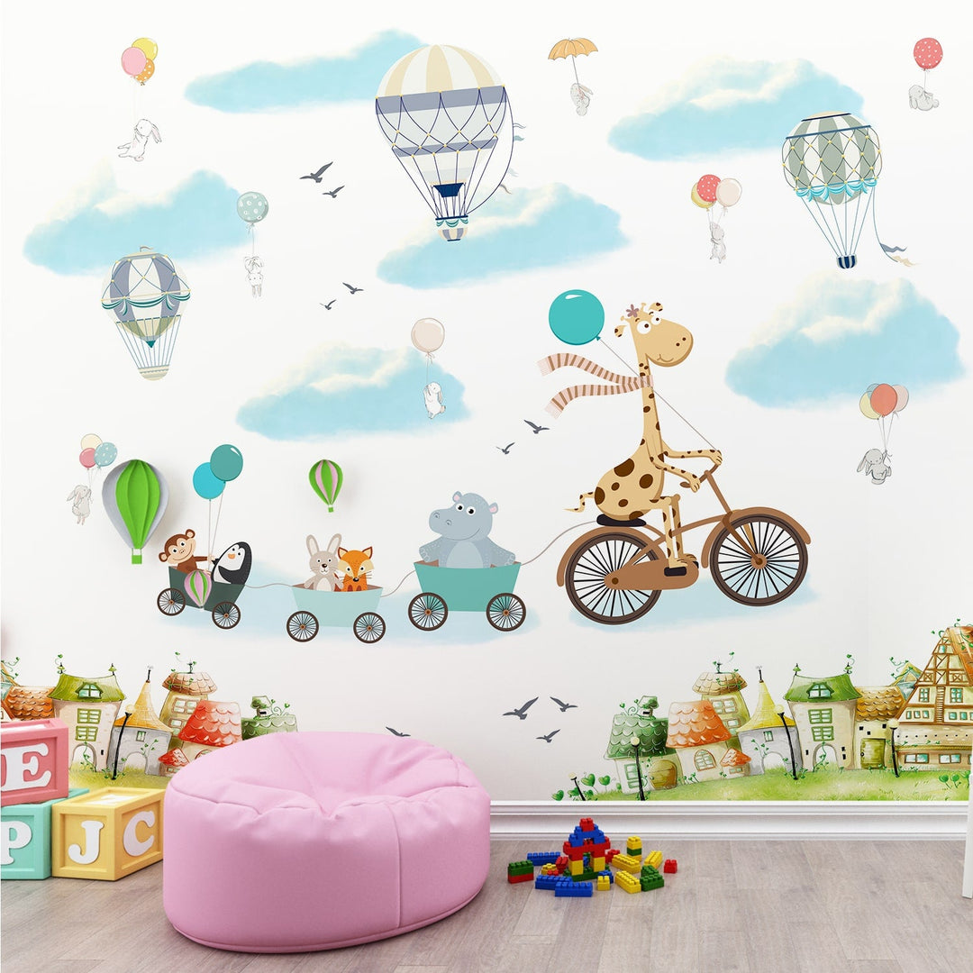 Flying Giraffe Cycle Train Wallpaper Mural for Kids Room wall decoration.