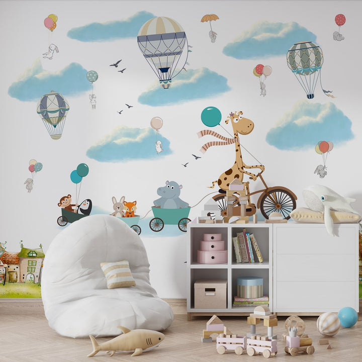 Flying Giraffe Cycle Train Wallpaper Mural for Kids Room wall decoration.