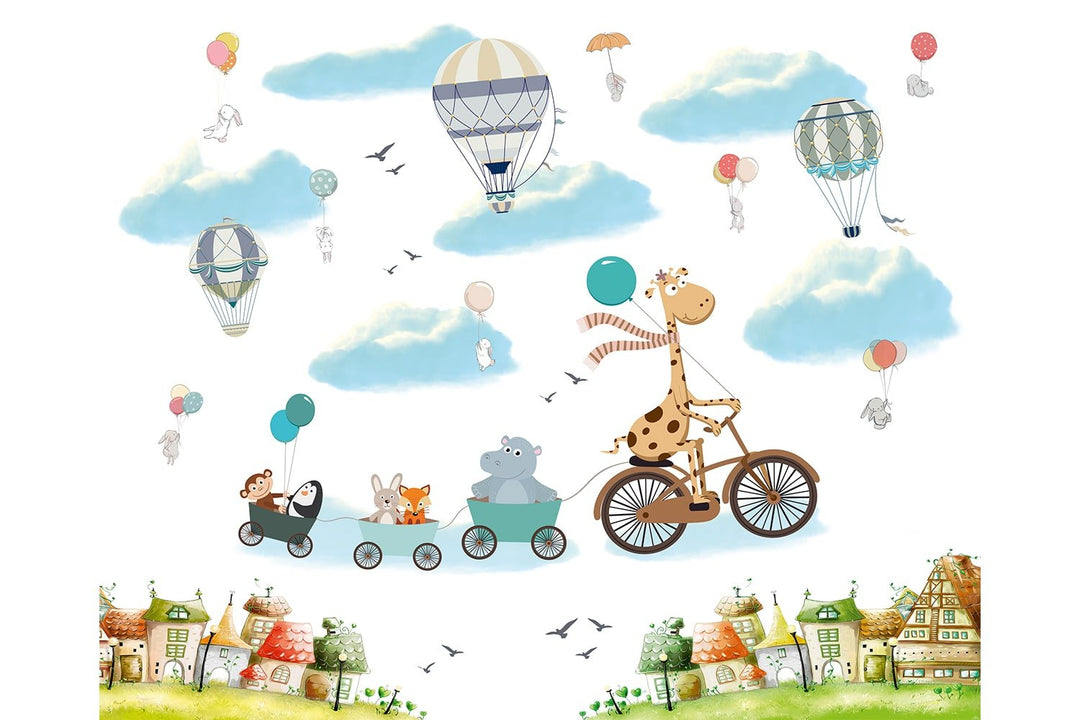 Flying Giraffe Cycle Train Wallpaper Mural for Kids Room wall decoration.