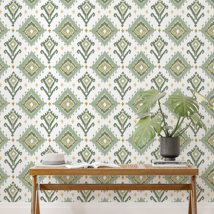 Geometric Green Boho Wallpaper for living room Decoration.