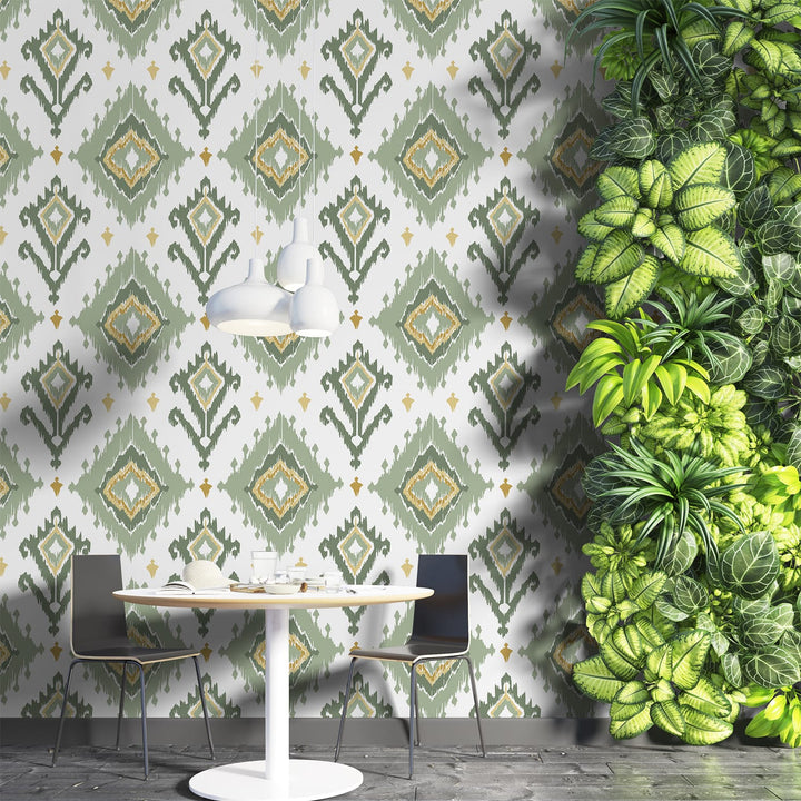 Geometric Green Boho Wallpaper for living room Decoration.