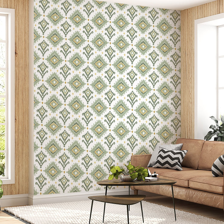 Geometric Green Boho Wallpaper for living room Decoration.