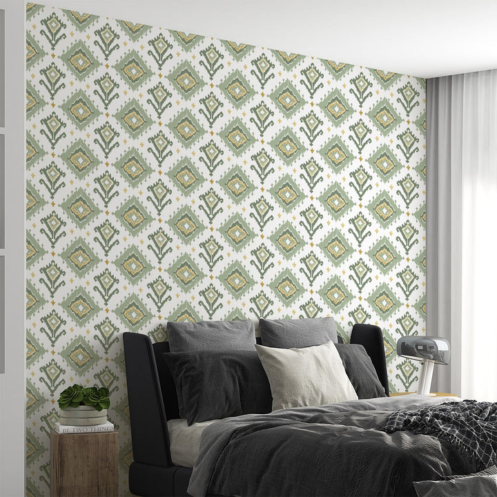 Geometric Green Boho Wallpaper for living room Decoration.