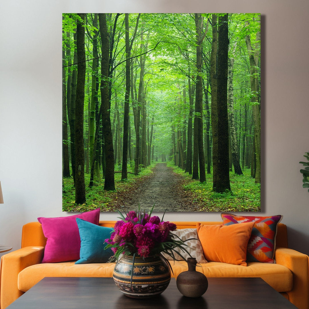 Green Forest With Endless Path Vastu Painting Canvas Framed For Home Decor.