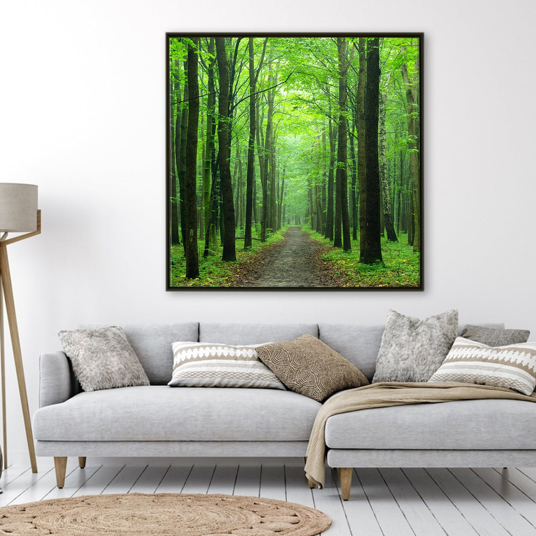 Green Forest With Endless Path Vastu Painting Canvas Framed For Home Decor.