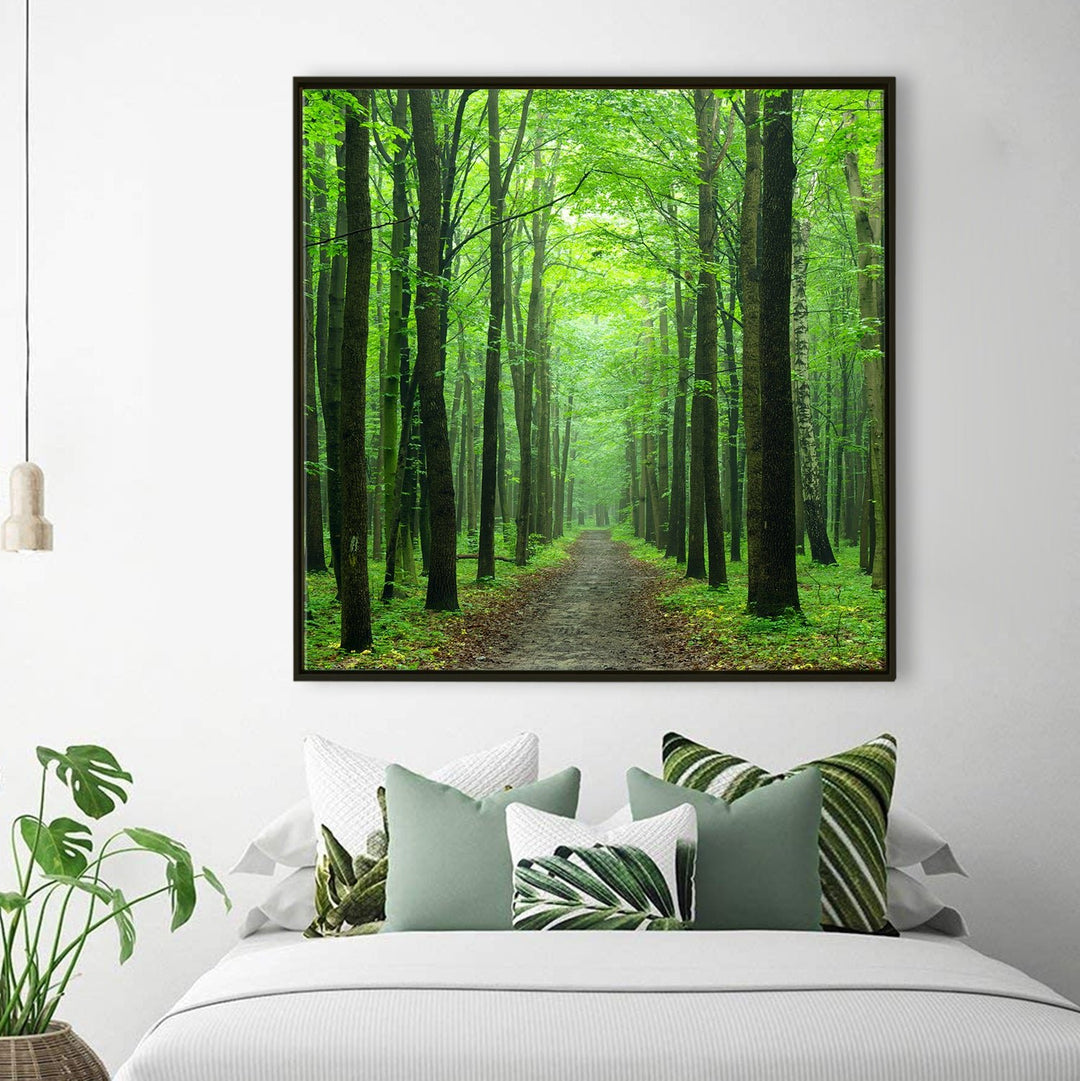 Green Forest With Endless Path Vastu Painting Canvas Framed For Home Decor.