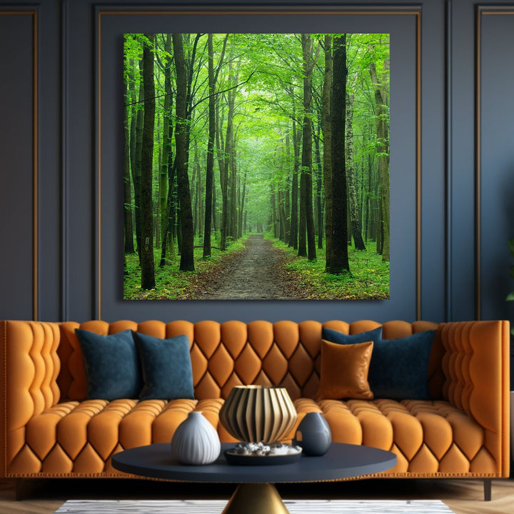 Green Forest With Endless Path Vastu Painting Canvas Framed For Home Decor.