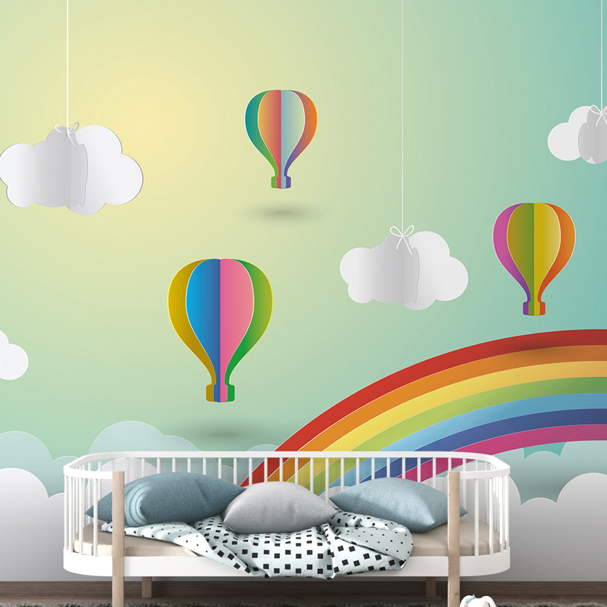 Hot Air Balloon & Rainbow Kid's Room Wallpaper - Whimsical Design ...
