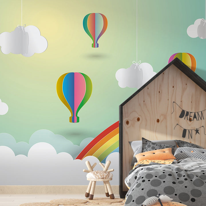 Hot Air Balloon and Rainbow wallpaper Murals For Kids Rooms decoration.