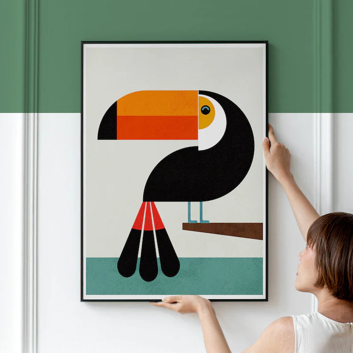 Toucan Mid century modern wall art, Stylised bird Geometric, tropical artwork for a Nordic home, Graphic retro wild life illustration Print
