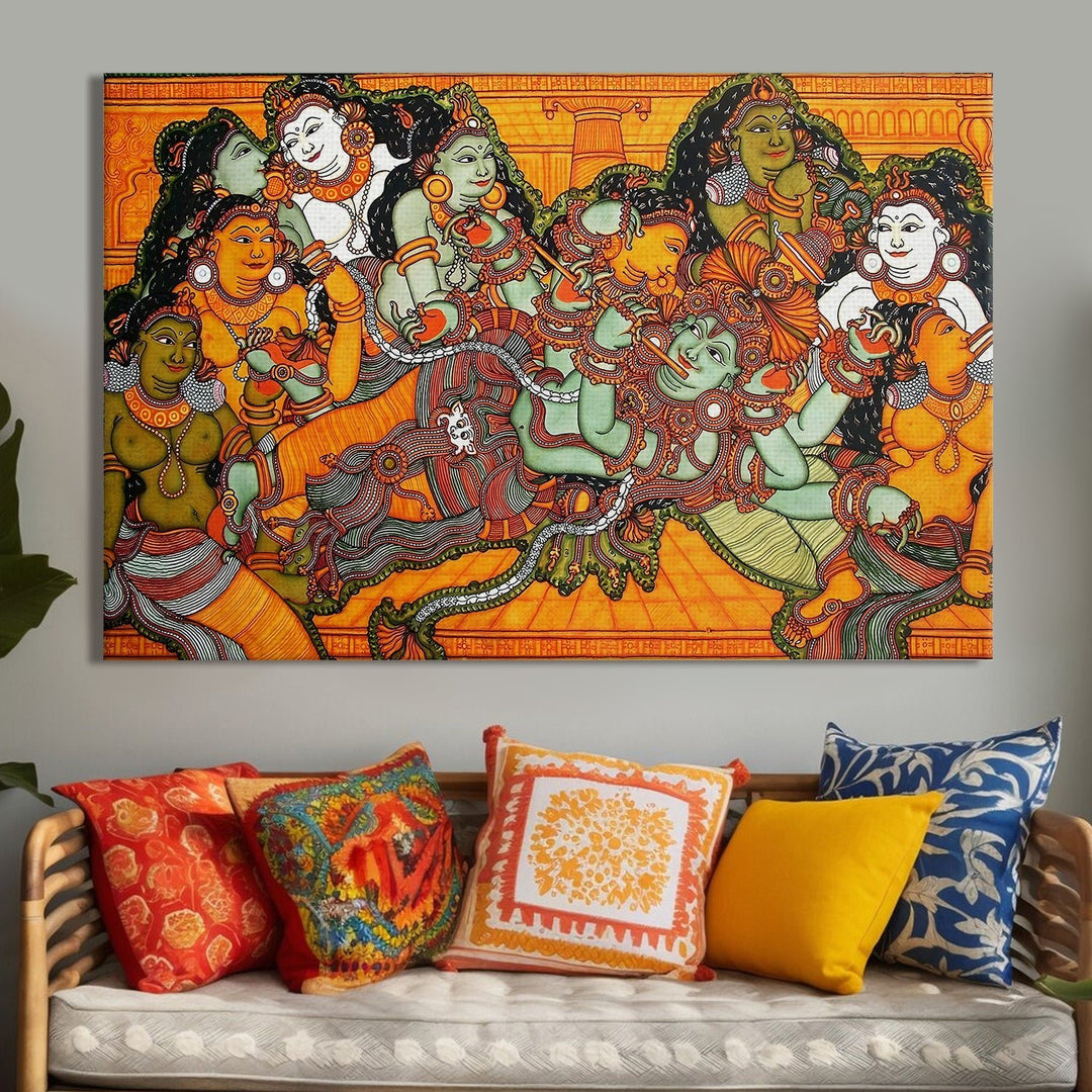 Indian Ethnic Kerala Mural Wall Art Canvas Painting For Home Decoration