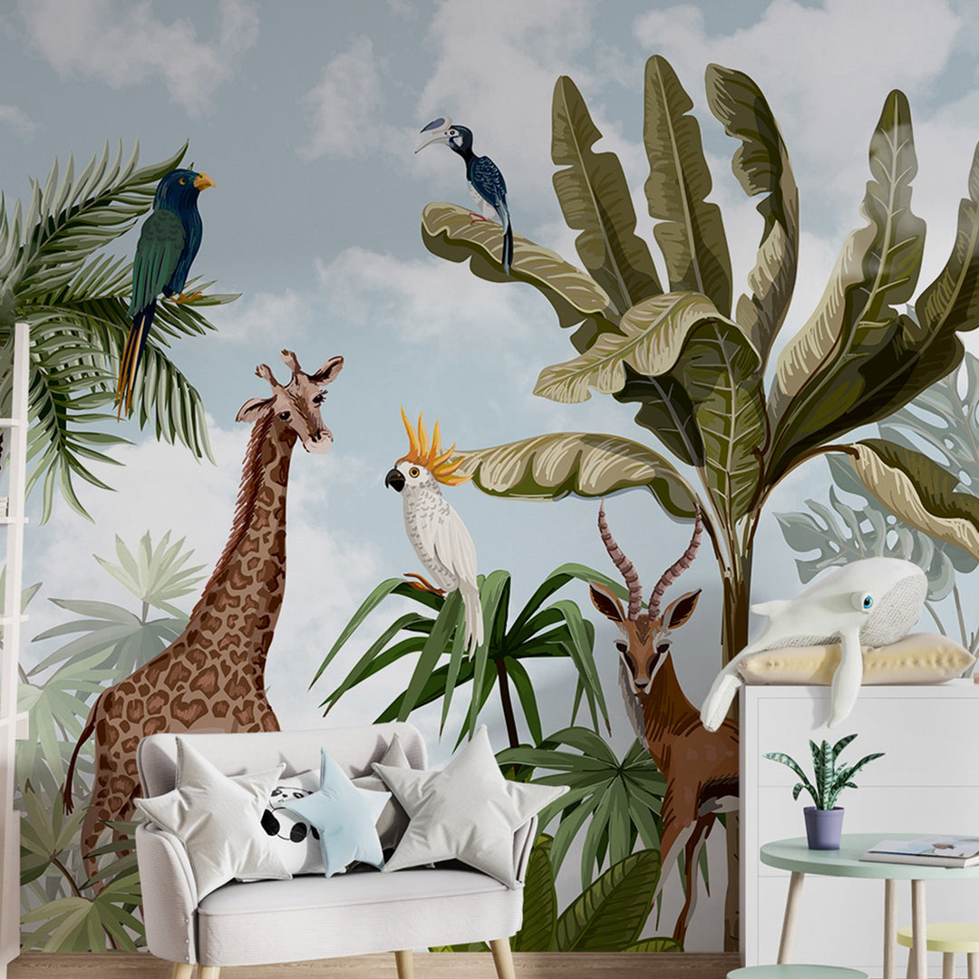 Jungle Safari Animal with Topical wallpaper Murals For Kids Room decoration.