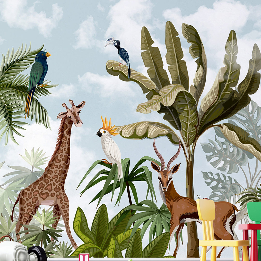 Jungle Safari Animal with Topical wallpaper Murals For Kids Room decoration.