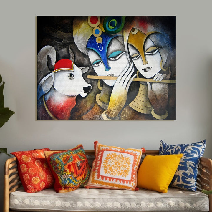 Krishna and Radha Wall Art Canvas Paintings Framed on Wood