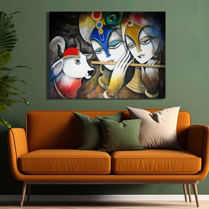 Krishna and Radha Wall Art Canvas Paintings Framed on Wood