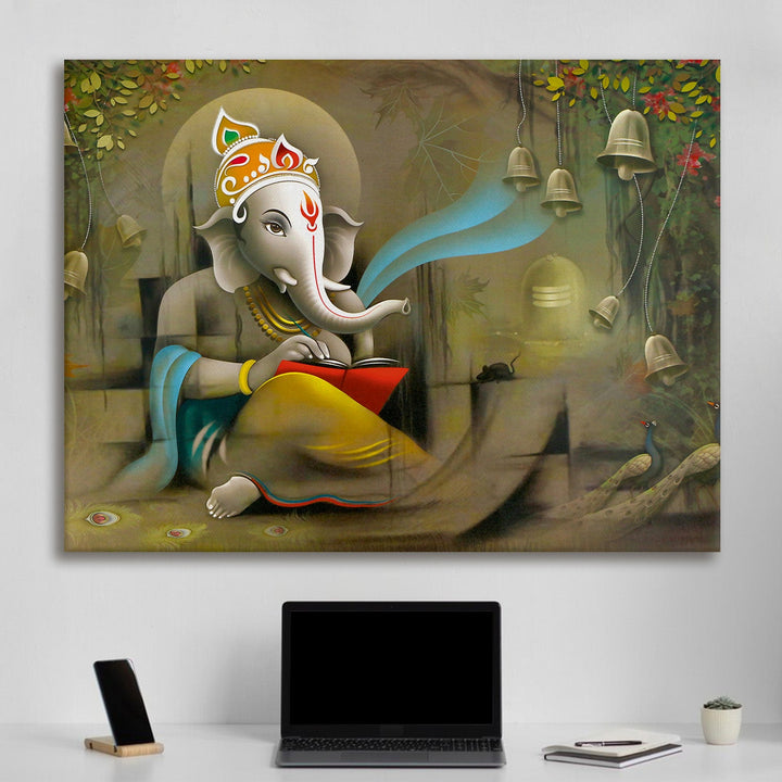 Large sized framed Lord Ganesha canavs painting for home and office. (GNWA01)