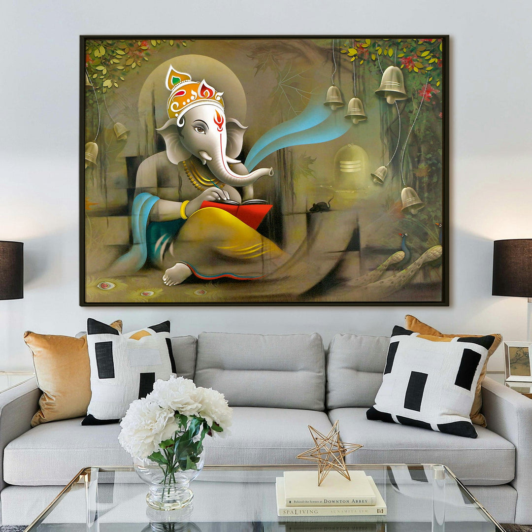 Large sized framed Lord Ganesha canavs painting for home and office. (GNWA01)