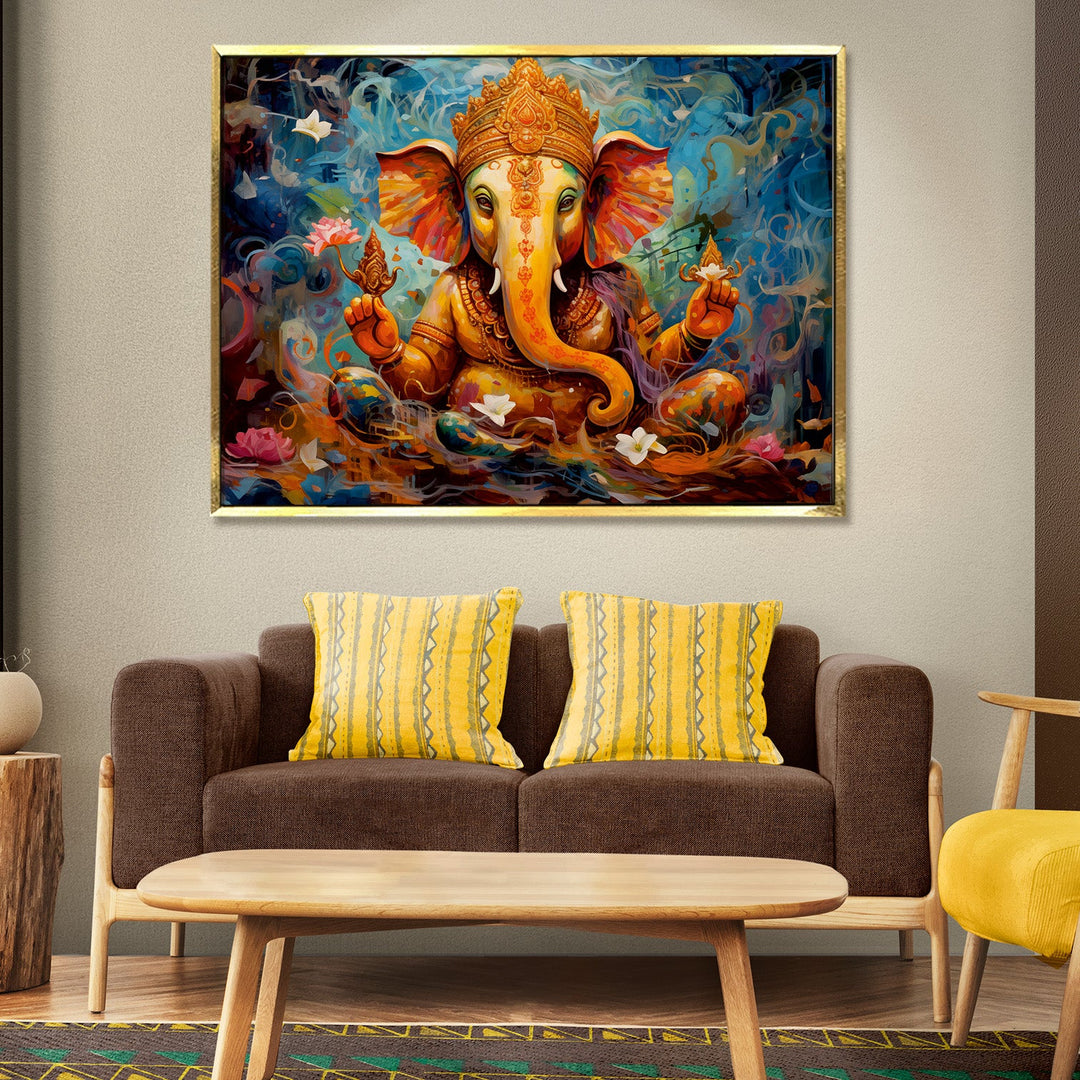 Large sized framed Lord Ganesha canavs painting for home and office. (GNWA02)