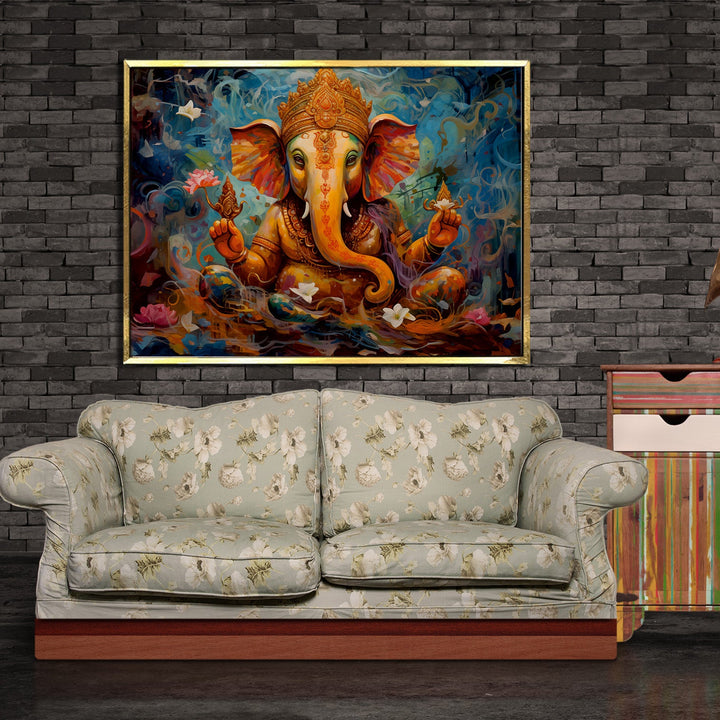 Large sized framed Lord Ganesha canavs painting for home and office. (GNWA02)