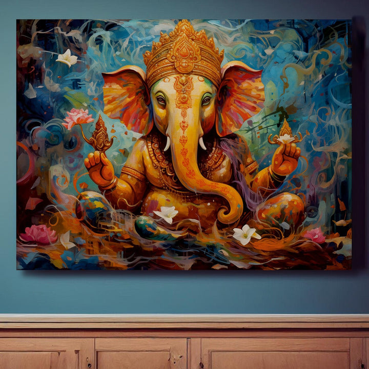 Large sized framed Lord Ganesha canavs painting for home and office. (GNWA02)