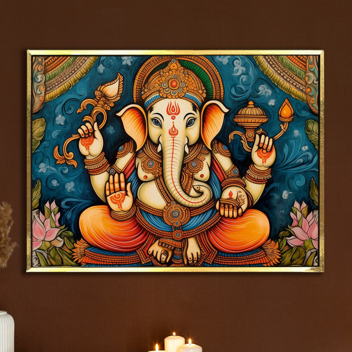 Large sized framed Lord Ganesha canvas painting for home and office. (GNWA03)