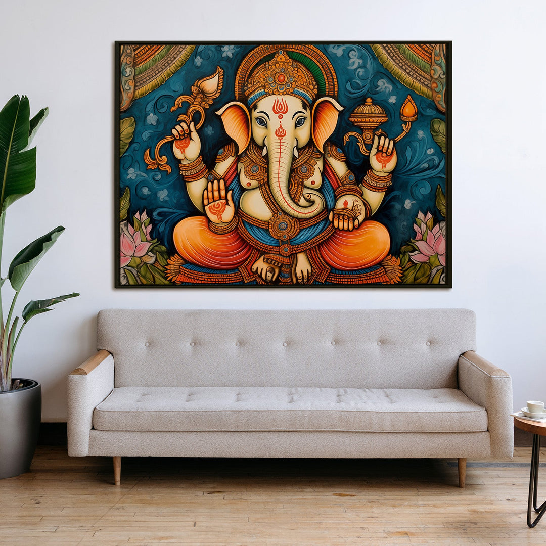 Large sized framed Lord Ganesha canvas painting for home and office. (GNWA03)