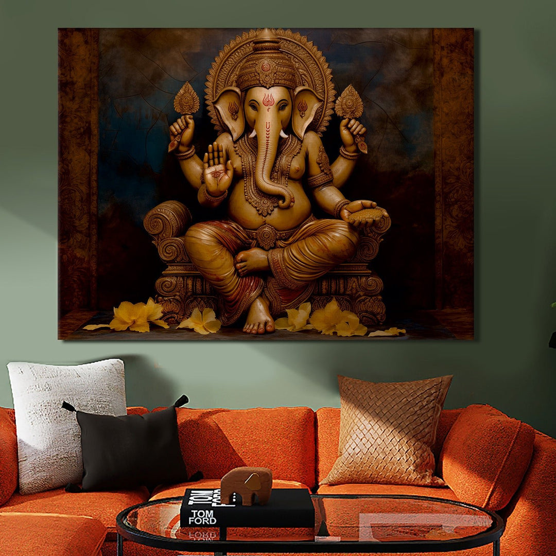 Large sized framed Lord Ganesha canvas painting for home and office. (GNWA04)