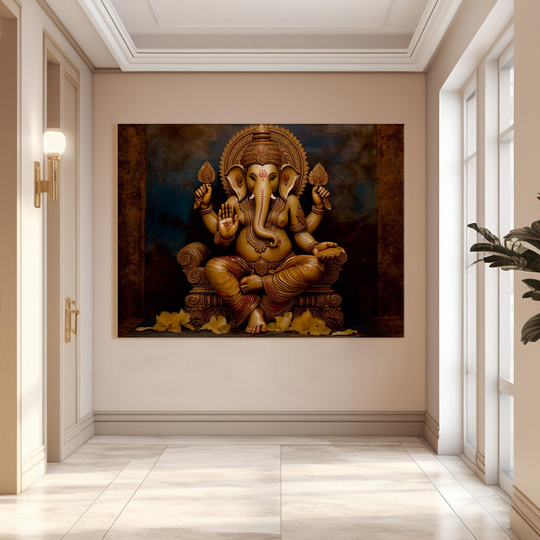 Large sized framed Lord Ganesha canvas painting for home and office. (GNWA04)