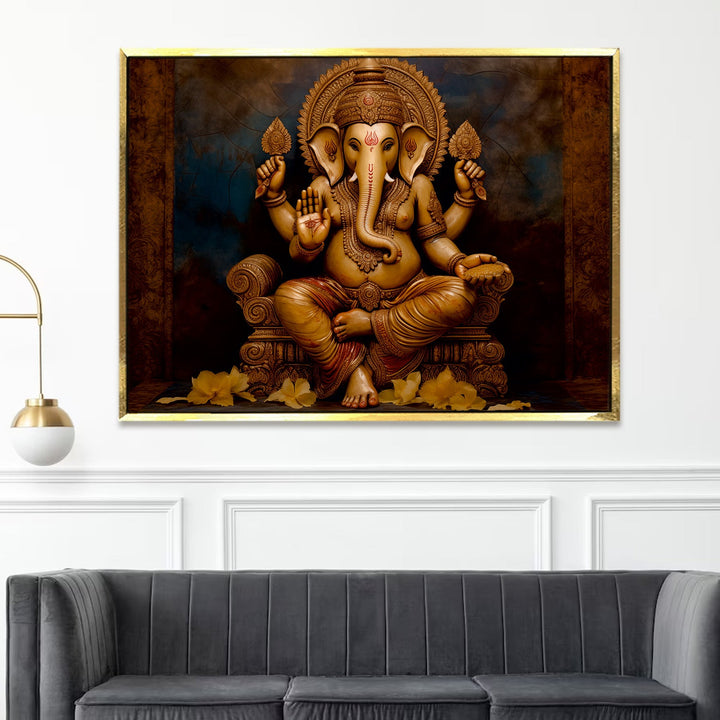 Large sized framed Lord Ganesha canvas painting for home and office. (GNWA04)