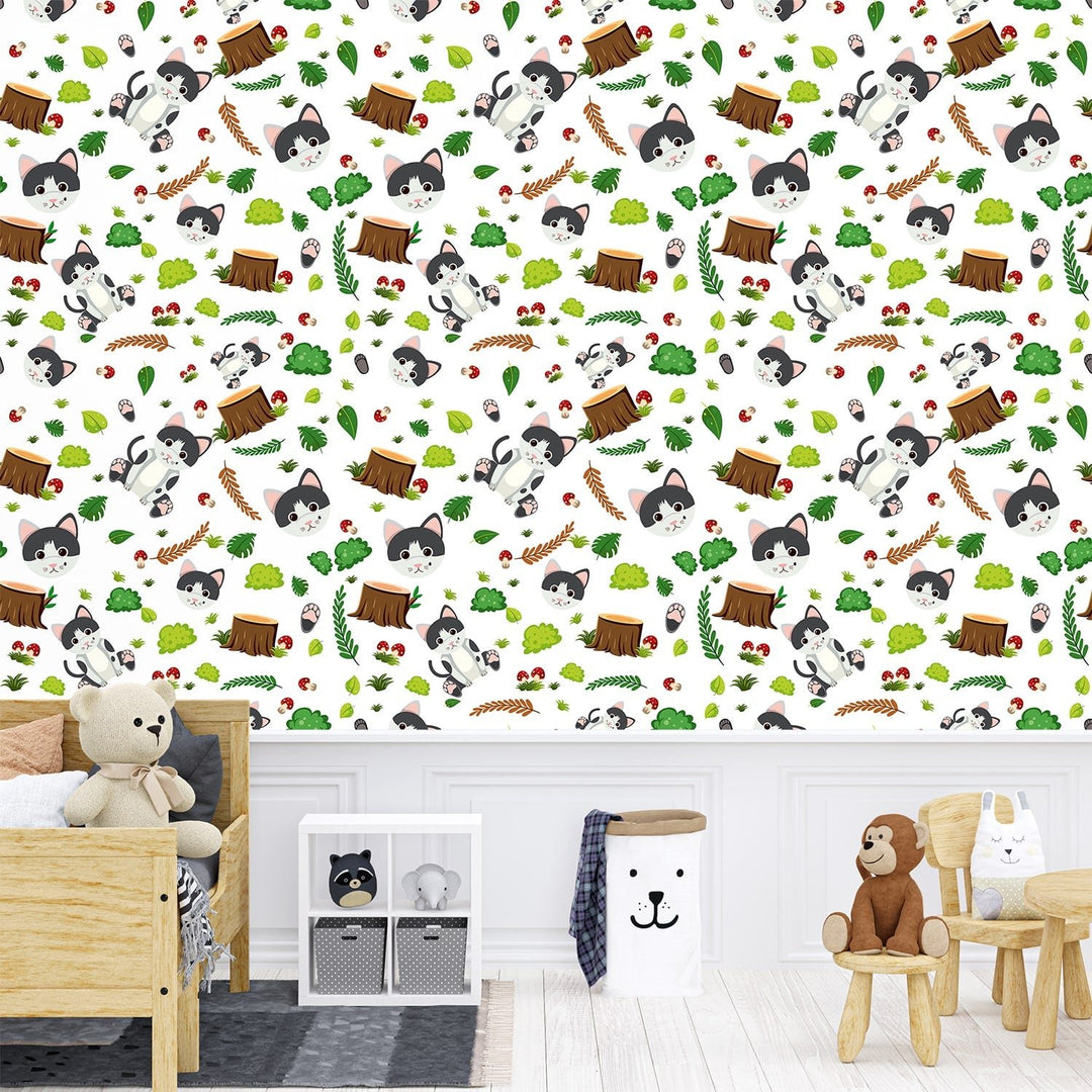 Leafs with Cats Wallpaper For Children's room home decor