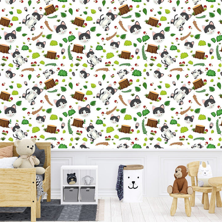 Leafs with Cats Wallpaper For Children's room home decor