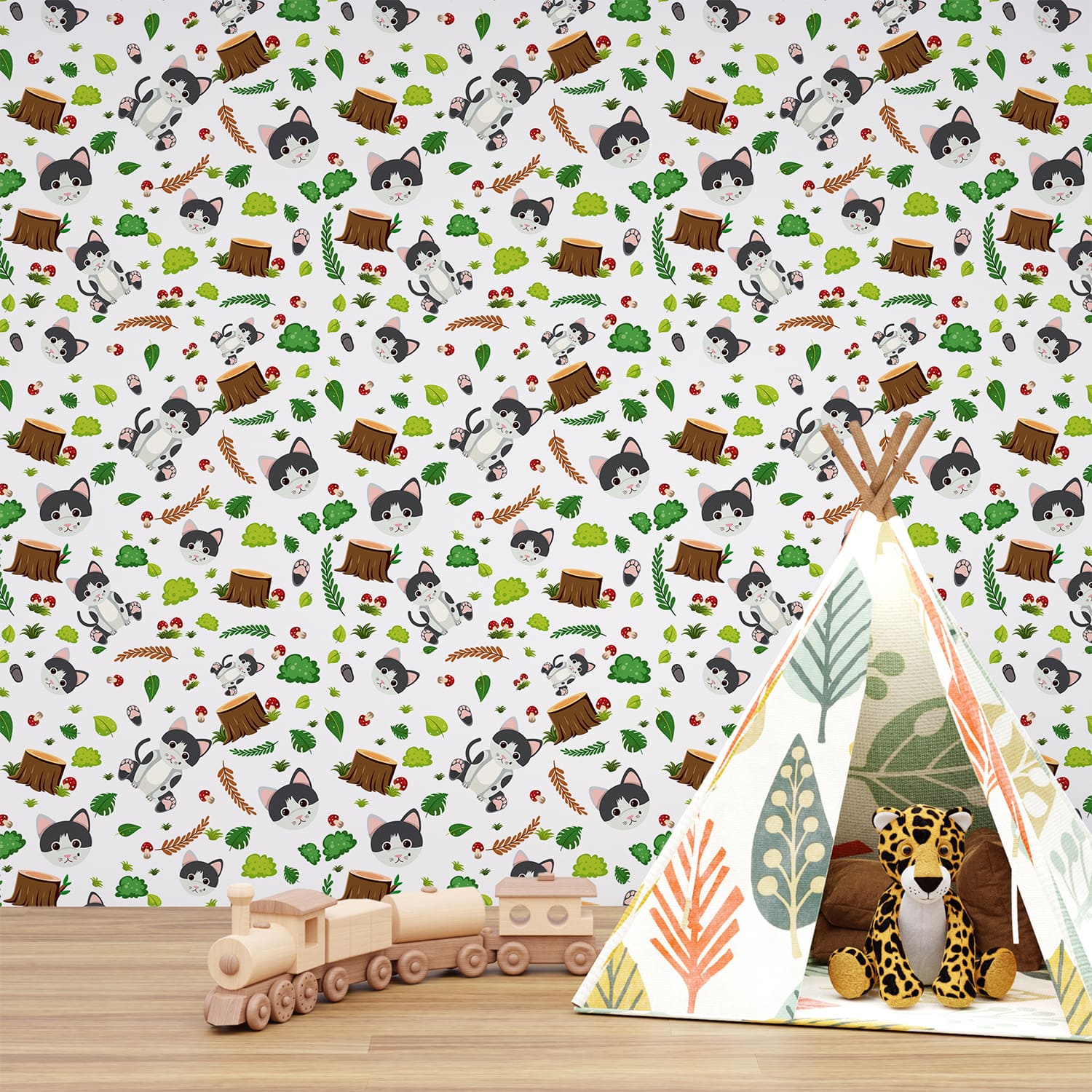 Leafs with Cats Wallpaper For Children's room home decor